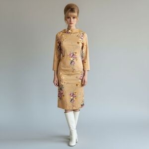 Vintage 70s Beige Floral Sheath Dress Size Small Midi Stretch Retro